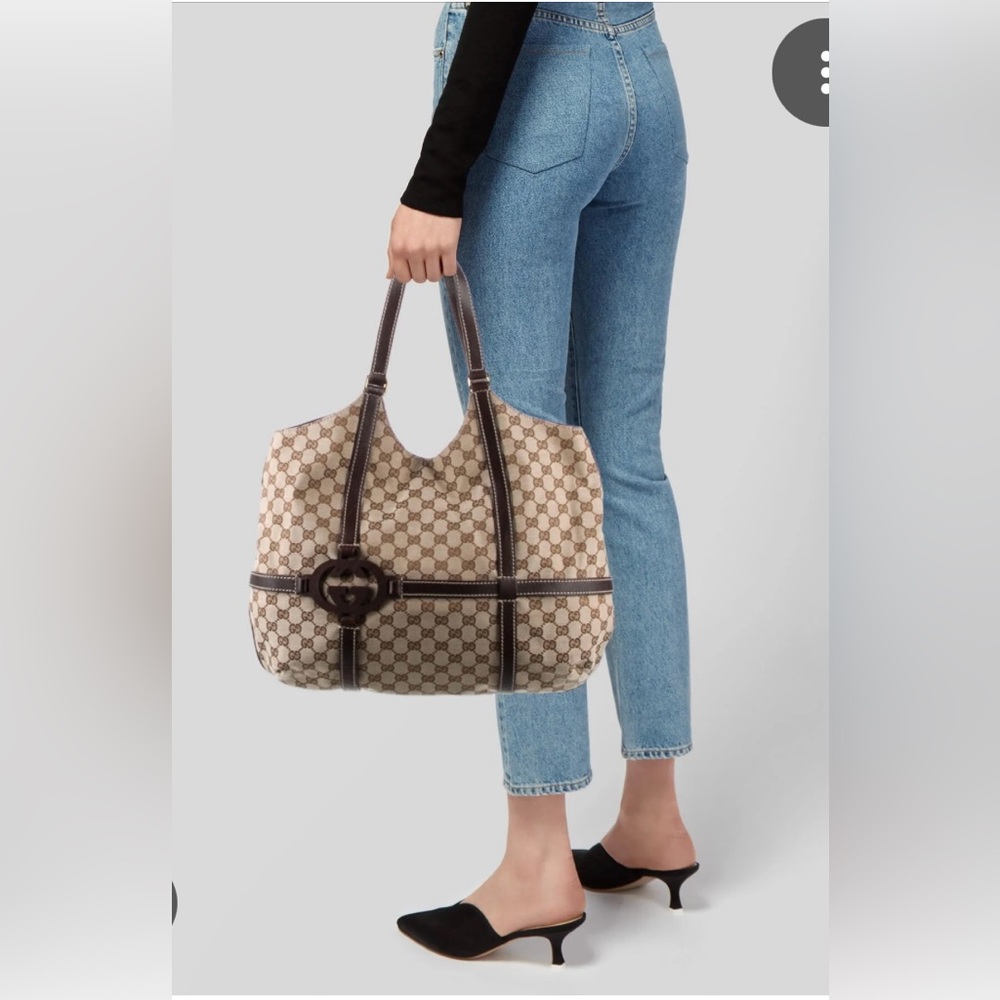 Gucci Royal Canvas Leather Hobo Tote Bag Dark Brown Monogram Timeless Designer - Picture 1 of 16